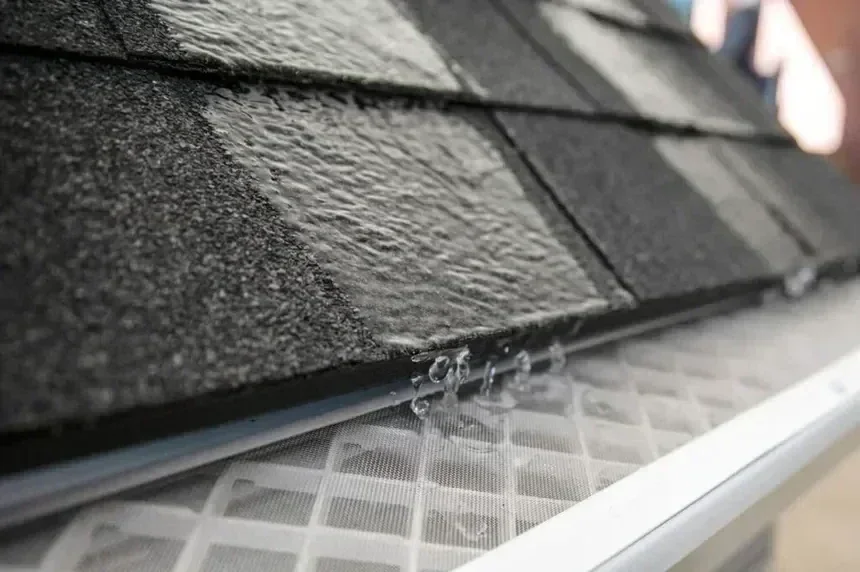 Micro-mesh gutter guard closeup on roof shingle in Pittsburgh